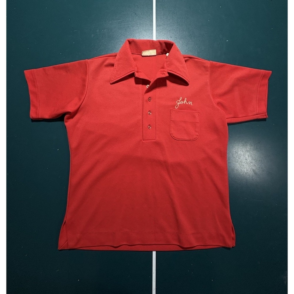 Vintage 1970s King Louie Double Knit Chain Stitch Bowling Shirt Men's Medium Red